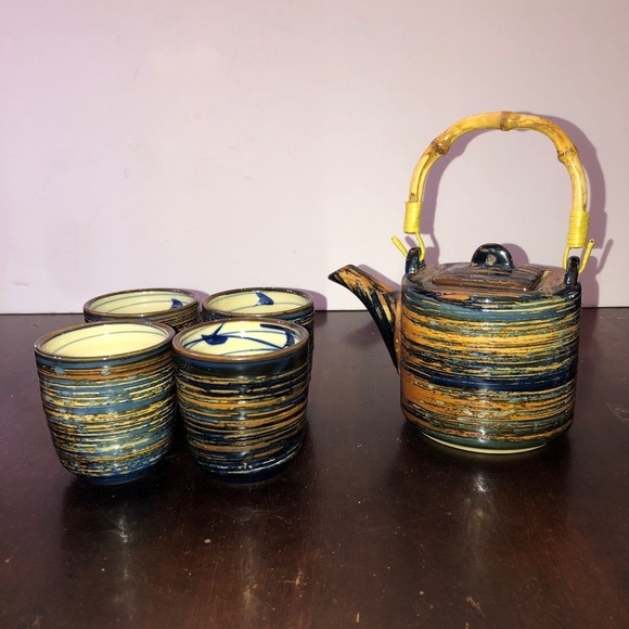 Tea Set. Blue/Tan. Like New - Picture 1 of 4